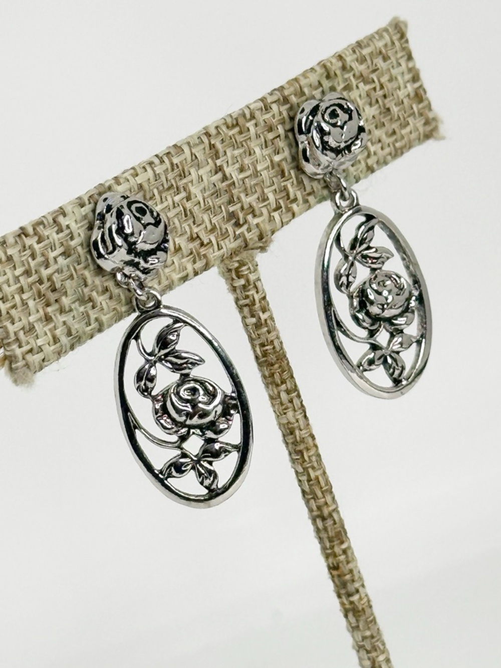 Avon convertible SilverTone Rose Oval Drop Earrings Dangle or Flower Stud